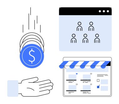 Bozuklukları açık bir ele düşmek, kullanıcı grubu grafiği tarayıcı penceresinde, ve bir mağaza önü web sayfası. E-ticaret, çevrimiçi satış, müşteri edinme, finansal büyüme, dijital pazarlama için ideal