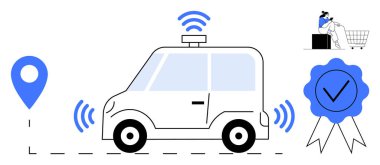 Kablosuz sinyalleri, lokasyon simgesi, insan alışverişi ve kaliteli rozeti olan otonom bir araç. Akıllı ulaşım, GPS izleme, otonom sürüş, güvenlik standartları, IOT e-ticaret için ideal