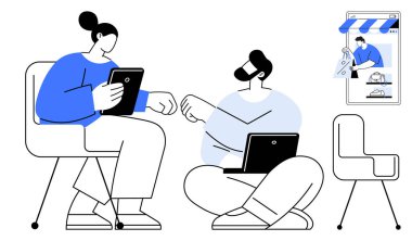 İki insan bir odada cihazlarla etkileşime geçiyor, işbirlikçi e-ticareti resmediyorlar. Biri tablet kullanıyor, diğeri dizüstü bilgisayar. Akıllı telefon çevrimiçi bir dükkan gösteriyor. Takım çalışması ve online alışveriş için ideal.