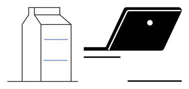 Laptop ve karton kutular, en az siyah çizgiler ve hafif mavi aksanla çizilmiş. Günlük rutin, teknoloji, modern yaşam tarzı, basitlik, denge, verimlilik ve minimalizm için idealdir. Soyut