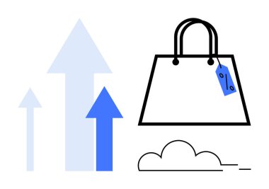 Yükselen oklar ve bulutun yanında fiyat etiketi olan bir alışveriş çantası. Perakende trendler, ecommerce büyümesi, çevrimiçi alışveriş, satış artışı, pazar analizi, dijital dönüşüm, müşteri davranışı için ideal
