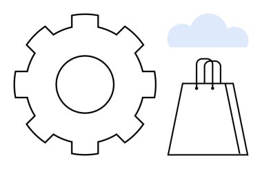 Endüstri için vites, ticaret için alışveriş çantası ve veri depolama için bulut simgesi. E-ticaret, teknoloji, bulut hesaplama, online alışveriş, perakende iş çözümleri otomasyonu için idealdir. Çizgi