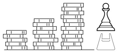 Bir satranç taşı ve bir standın yanında kademeli olarak uzun üç kitap yığını. Eğitim, strateji, büyüme, öğrenme, planlama, bilgi edinme ve karar verme için ideal. Soyut satır düzlüğü