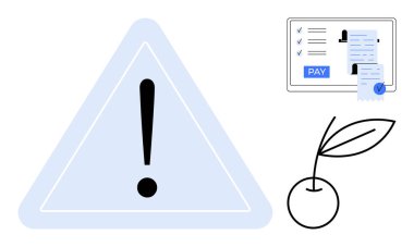 Tedbir için üçgen şeklinde ünlem işareti. Kontrol listesi ve ödeme düğmesi olan ödeme işleme belgesi. Basit bir bitki çizimi. Uyarı, finans, büyüme sembolizmi ve süreç için ideal