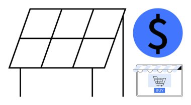 Büyük güneş paneli mavi dolar işareti ve online alışveriş arabasının yanında. Yenilenebilir enerji, maliyet verimliliği, çevrimiçi yatırım, yeşil teknoloji, sürdürülebilirlik, ekommerce temaları için ideal