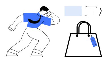 Bir insan düşüncelere dalıyor, yakınlarda bir el bir jest yapıyor ve mavi etiketli bir alışveriş çantası görülüyor. Karar verme, tüketici davranışı, alışveriş kavramları, düşünce süreci için ideal