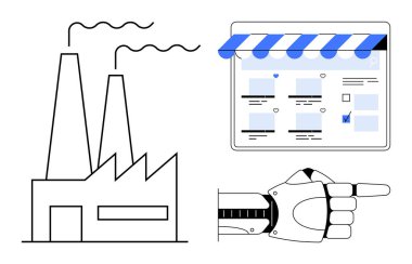 Duman yığınları olan endüstriyel fabrikalar, dükkan elemanlarıyla çevrimiçi arayüzler, robot el işaretleri. Teknoloji, otomasyon, endüstri, robotik, e-ticaret, dijital dönüşüm için ideal