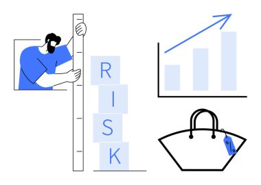 Risk bloklarını ölçen kişi, yukarı doğru eğilimli bar grafiği ve fiyat etiketli alışveriş çantası. İş stratejisi, piyasa analizi, risk yönetimi, perakende ekonomi ve mali büyüme için ideal