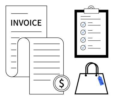 Fatura, üzerinde dolar işareti olan parşömen, panoda kontrol listesi ve üzerinde satış etiketi olan alışveriş çantası. Finans, alışveriş, e-ticaret, bütçe yönetimi satış perakendecisi için ideal. Soyut satır düzlüğü