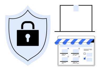 Kilit sembollü bir kalkan, laptop ekranı ve online alışveriş mağazası önü. Siber güvenlik, e-ticaret güvenliği, web sitesi koruması, çevrimiçi mahremiyet, veri güvenliği, güvenli işlemler için ideal