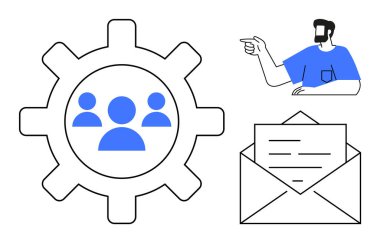 İnsan simgeleriyle donatılmış, harfli zarf, resimli kişi. Takım çalışması, iletişim, dijital etkileşim, işbirliği, proje yönetimi, liderlik verimliliği için ideal