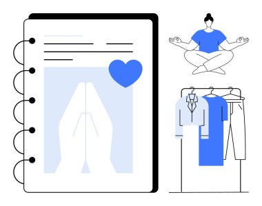 Kalbi ve dua eden elleri olan bir planlamacı, askıda giysileri olan, lotus pozunda meditasyon yapan biri. Organizasyon, farkındalık, maneviyat, yaşam tarzı dengesi, meditasyon refahı ve verimlilik için idealdir. Çizgi