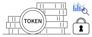 TOKEN etiketli bir yığın, veri analiz eden büyüteçle ölçü çubuğu grafiği ve güvenlik kilidi. Finans, kripto, veri güvenliği, yatırım, analiz teknolojisi ve zincire bağlı konular için ideal. Çizgi