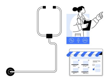 Stetoskop ve online randevu arayüzüne bağlı bir doktor elinde bir dosya tutarken işaret ediyor. Teletıp, dijital sağlık, tıbbi konsültasyonlar, uzaktan sağlık hizmetleri, çevrimiçi için ideal