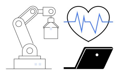 Robotik kol, kalp atışları kalp şeklinde ve laptop ekranı sağlık teknolojisi entegrasyonu temalarını iletiyor. Sağlık hizmetleri yeniliği, robot bilimi, teletıp, veri analizi, teknolojik gelişmeler için ideal
