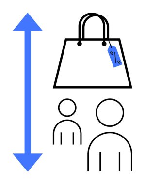 Fiyat etiketli alışveriş torbası, büyümeyi sembolize eden yukarı ok ve müşterileri tasvir eden üç kullanıcı simgesi. Ticari büyüme, e-ticaret eğilimleri, tüketici davranışı, çevrimiçi alışveriş, perakende satış için ideal