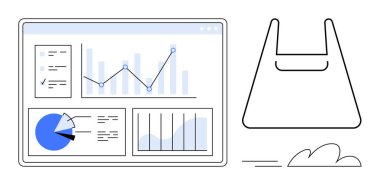 Analitik gösterge paneli, çizgi grafiği, bar çizelgesi, alışveriş torbası ve bulut parçaları. Veri analizi, e-ticaret, iş stratejisi, piyasa araştırması, mali raporlar, dijital