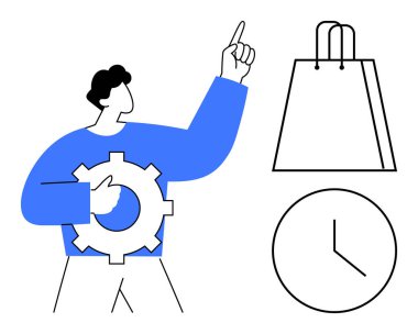 Teçhizatlı bir adam, parmakla işaret ediyor, alışveriş çantası, saat. Ticari çözümler, zaman yönetimi, eCommerce, zamanlama, müşteri hizmetleri perakende işlemleri iş akışı optimizasyonu için ideal