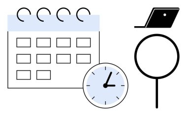 Spiral takvim, 1010 'u gösteren saat, dizüstü bilgisayar, büyüteç. Proje takibi için verimlilik, planlama, araştırma, organizasyon zamanı yönetimi için idealdir. Minimalist tasarım