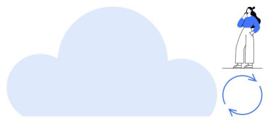 Aşağıda mavi yuvarlak okları olan büyük bir bulutun yanında düşünceli bir şekilde duran kişi. Bulut hesaplama, veri depolama, beyin fırtınası, fikirler, yenilik, bağlantı, sürekli gelişme için ideal