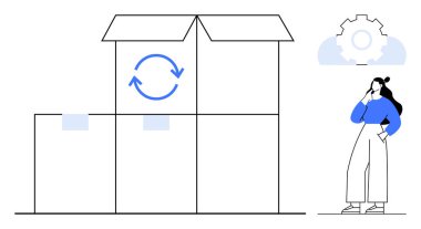Dönen oklarla dolu kutuların yanında duran kadın nakliye, ambalaj ve lojistik öneriyor. İş, iş akışı, envanter yönetimi, süreç otomasyonu, verimlilik, organizasyon için ideal