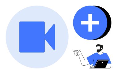 Mavi daireli kamera simgesi, büyük artı işareti simgesi, diz üstü bilgisayarı olan kişi. Çevrimiçi toplantılar, sanal iletişim, işbirliği araçları, dijital etkileşim, uzaktan çalışma, video için ideal