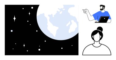 Yıldızlı bir dünya görüşü, dizüstü bilgisayarı tutan ve işaret eden bir adam, kadın profili. Teknoloji, eğitim, uzay keşfi, iletişim, yenilik takım çalışması için ideal. Soyut satır düzlüğü