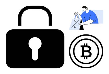 Büyük siyah kilit, dairesel bir Bitcoin sembolü ve alışveriş torbaları taşıyan biri. Dijital güvenlik, çevrimiçi alışveriş, kripto para birimi, engelleme zinciri, e-ticaret, finans teknolojisi ve gizlilik için ideal