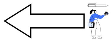 Bir kontrol paneli tutan kişi, büyük bir sol ok ve kalem sembolünün yanında duruyor, yönü, yönetimi, kontrolü ve yaratıcılığı öneriyor. Liderlik, rehberlik, planlama temaları için ideal