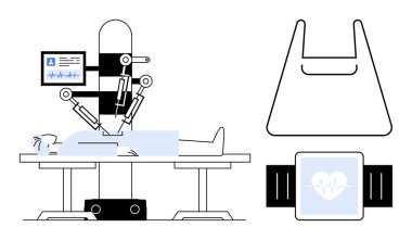 Robot kollar bir hastayı ameliyat eder. Yakınlarda bir cerrahi önlük ve kalp ikonu olan bir ukala var. Sağlık, teknoloji, yenilik, tıbbi gelişme, hasta bakımı, giyilebilir