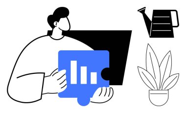 Elinde çubuk grafikli mavi yapboz parçası olan biri, dizüstü bilgisayarın önünde, sulama kutusu ve saksı bitkisinin yanında. Büyüme, analiz, üretkenlik, sürdürülebilirlik, ekolojik bilinç ve takım çalışması için ideal