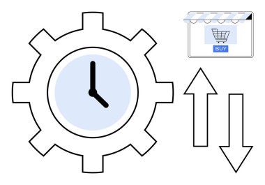 Zamanı temsil eden vites şekilli saat, alışveriş arabası bir satın alma düğmesinin üstündeki simge ve aşağı yukarı oklar. E-ticaret, zaman yönetimi, verimlilik, verimlilik, çevrimiçi alışveriş için ideal