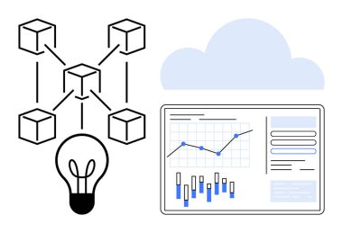 Ampul, bulut simgesi ve grafikleri olan dijital analitik panele bağlı blok zinciri ağı. Yenilik, teknoloji, veri analizi ve bulut hizmetleri kavramları için ideal