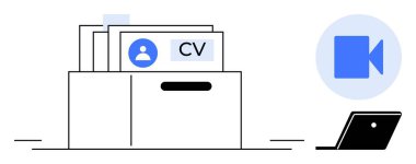 İçinde CV ve video arama simgesi olan bir dizin. Çevrimiçi başvurular, işe alım, sanal röportajlar, kariyer büyümesi, uzaktan işe alım, dijital eleman alma, insan kaynakları için ideal. Modern