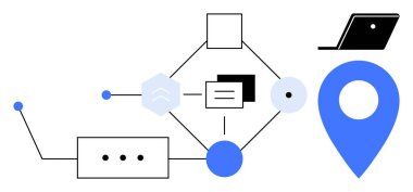 Geometrik şekilleri bağlayan ağ yolları, dizüstü bilgisayar, konum kodu. Teknoloji, iletişim, yenilik, bağlantı, ağ veri yönetimi dijital altyapısı için idealdir. Modern