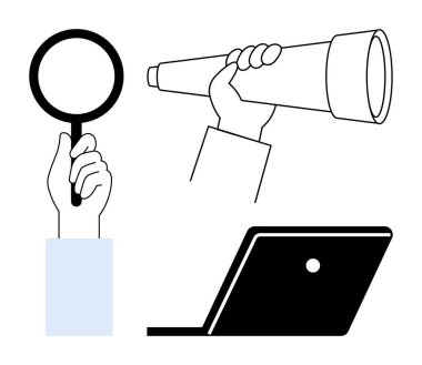 Eller, dizüstü bilgisayarın yanında bir büyüteç ve teleskop tutuyor. Yenilik, keşif, araştırma, teknoloji, odaklanma, analiz eğitimi için idealdir. Soyut çizgi düz metafor