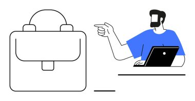 İşadamı dizüstü bilgisayar üzerinde çalışırken evrak çantasının sembolünü işaret ediyor. İş arama, iş stratejisi, kurumsal eğitim, kariyer rehberliği, iş hayatı dengesi, organizasyon becerileri için ideal