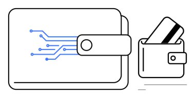 Devre kalıplı dijital cüzdan ve kredi kartlı fiziksel cüzdan. Finans, e-ticaret, dijital ödemeler, teknoloji, online işlemler, siber güvenlik, fintech için ideal. Satır metaforu