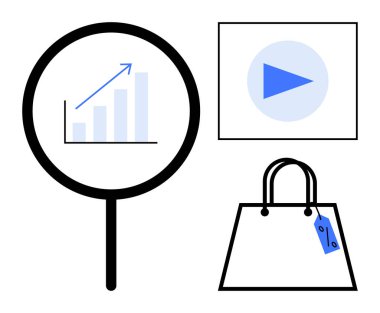 Büyüteç büyütme büyütme grafiği, medya oyun düğmesi ve fiyat etiketli alışveriş çantası. Dijital pazarlama, veri analizi, e-ticaret, medya, iş stratejileri, çevrimiçi alışveriş için ideal