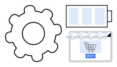 Alışveriş arabası arayüzünün yanında satış düğmesi ve tente olan vites sembolü. E-ticaret, çevrimiçi perakende, dijital pazarlama, web sitesi tasarımı, tüketici davranışı, teknik destek ve uygulama geliştirme için ideal