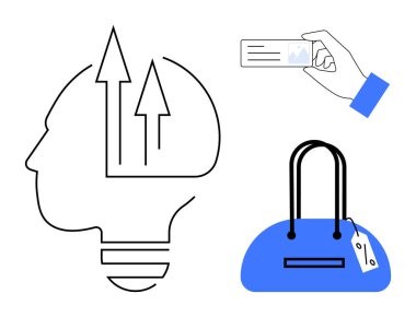 Baş silueti, yukarı doğru oklar, bir kart tutan el ve etiketli mavi el çantası. Ticari büyüme, girişimcilik, pazarlama, perakende satış, yaratıcılık yeniliği ve kartvizitler için idealdir. Çizgi