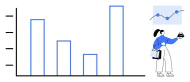 İş kadını elinde büyük bir bar çizelgesi ve daha küçük bir çizginin yanında büyüteç tutuyor. Analiz, veri sunumu, iş stratejisi, performans değerlendirmesi ve mali inceleme için ideal