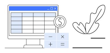Bilgisayar ekranında bir hesap tablosu, bir çember sembolünde dolar işareti, aritmetik hesap makinesi, yaprak tasarımı. Finans, muhasebe, bütçe, veri analizi, ofis işi doğası dijital