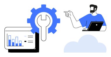Veri analiz ekranının yanında büyük bir dişliyi ve anahtar simgesini gösteren dizüstü bilgisayarı olan kişi. Teknoloji desteği, yazılım geliştirme, sistem yapılandırması, ağ yönetimi, uzak takım çalışması için ideal