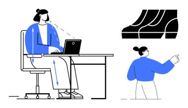 Dizüstü bilgisayarlı, ergonomik sandalyeli, basit bir iç mekânda çalışan biri. Yürüyen merdivenlere ya da merdivenlere. Üretim için ideal, uzak çalışma, minimalizm, ergonomik, iş akışı verimliliği modern