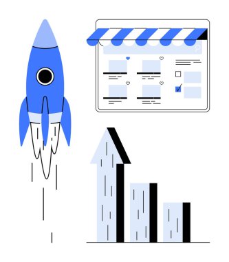 Roket kalkması büyüme ve başarıyı simgeliyor, çevrimiçi gösterge paneli dijital varlığı temsil ediyor, ve yükselen çubuk çizelgesi ilerlemeyi gösteriyor. Başlangıç için ideal başarı, çevrimiçi iş, dijital