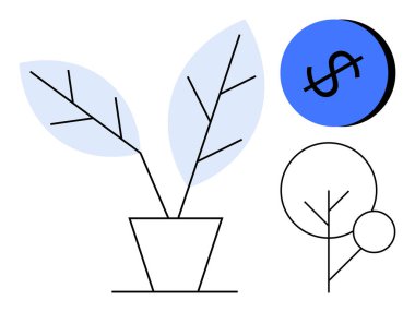 İki yapraklı saksı bitkisi, dolar işareti olan mavi bir daire ve başka bir soyut bitki. Yatırım büyümesi, mali istikrar, tasarruf, ekonomik kalkınma, sürdürülebilirlik ve zenginlik için ideal