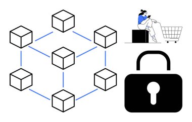 Mavi çizgili altı küp, alışveriş yapan bir kişi ve siyah asma kilit. Engelleme zinciri, güvenlik, e-ticaret, veri koruması, ağ, dijital işlemler için ideal merkezi olmayan sistemler