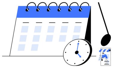 Masa takvimi, saat, kartvizit ve sarkacın birleşimi düz bir dizayn. Zamanlama için ideal, zaman yönetimi, iş planlaması, dakiklik günlük görevler organizasyon ve verimlilik. Soyut