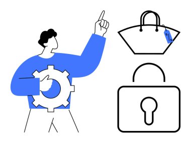 Teçhizatlı kişi yukarı doğru, etiketli çanta ve büyük asma kilit. İş güvenliği, organizasyon, koruma, verimlilik, planlama güvenlik teknolojisi için idealdir. Minimalist soyut çizgi düz